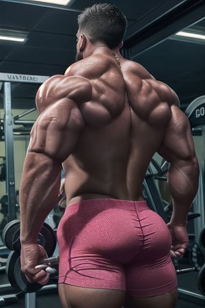 A muscular figure stands tall in a dimly lit gym, his dark skin glistening with sweat under the faint hum of fluorescent lights. The mirrored wall reflects his powerful physique from behind, showcasing broad shoulders, well-defined traps, and a defined quadriceps-hamstring split beneath tight-fitting gym attire. His rugged features and imposing posture command attention, emphasizing every hyper-realistic detail on his chiseled body.