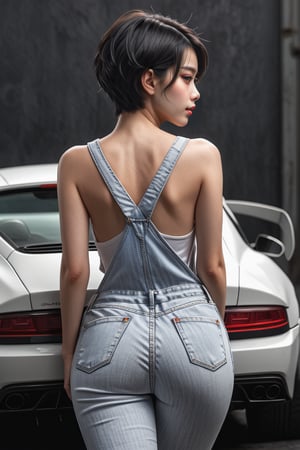 1girl, solo,short black hair, white tshirt,denim overall, small ass,  sexy style from behind,  supercar,masterpiece,highly detailed,4k,<lora:659095807385103906:1.0>