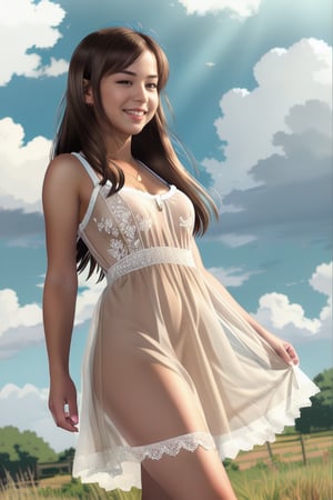 1girl, solo, long hair, breasts, looking at viewer, smile, brown hair, dress, brown eyes, underwear, standing, panties, full body, outdoors, sky, day, cloud, white dress, see-through, sandals, cloudy sky, grass, wind, sundress, field, see-through dress