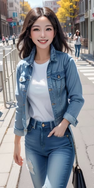 A young woman with a radiant smile and sparkling eyes walks confidently down the street, her blue jeans and denim jacket perfectly capturing her carefree happy mood. A crisp white shirt complements her natural beauty, as she strides effortlessly into the frame. The 4K-rendered image is bathed in soft sunlight, casting a warm glow on her joyful expression.