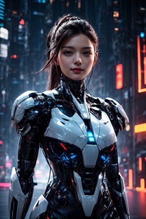 Masterpiece, High quality, 64K, Unity 64K Wallpaper, HDR, Best Quality, RAW, Super Fine Photography, Super High Resolution, Super Detailed, 
Beautiful and Aesthetic, Stunningly beautiful, Perfect proportions, 
1girl, Solo, White skin, Detailed skin, Realistic skin details, 
Futuristic Mecha, Arms Mecha, Dynamic pose, Battle stance, Swaying hair, by FuturEvoLab, 
Dark City Night, Cyberpunk city, Cyberpunk architecture, Future architecture, Fine architecture, Accurate architectural structure, Detailed complex busy background, Gorgeous, 
Sharp focus, Perfect facial features, Pure and pretty, Perfect eyes, Lively eyes, Elegant face, Delicate face, Exquisite face, Matrix,Cyberpunk