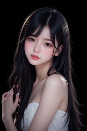 masterpiece, best quality, realistic, 1girl, solo, upper body, long hair, black hair, looking at viewer, Black Background, 