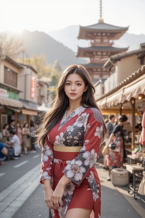 A stunning Japanese beauty stands out on Kyoto's streets, traditional kimono vibrant against the warm beige architecture. Confidently posing with hands tucked into sleeves, long hair flows gently in the afternoon sun's soft glow. Ancient temples rise softly behind her, while street vendors' stalls burst with color, framing her elegant figure amidst the bustling cityscape.