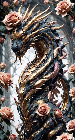 Imagine a dragon with a body entirely composed of intertwining rose blossoms and thorny vines. Its scales shimmer with the delicate hues of blooming roses, while sharp thorns protrude from its sinuous form. Each petal is meticulously crafted, forming intricate patterns that cascade along its body like a living tapestry. Despite its floral appearance, the dragon exudes an aura of power and majesty, scent of roses fills the air, ,Mecha,Gold Edged Black Rose