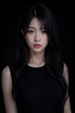 masterpiece, best quality, realistic, 1girl, solo, upper body, long hair, black hair, looking at viewer, Black Background, 