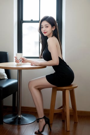 1girl, solo, long hair, breasts, looking at viewer, smile, large breasts, brown hair, black hair, dress, holding, bare shoulders, brown eyes, jewelry, medium breasts, standing, long leg, full body, earrings, sleeveless, indoors, black footwear, blurry, black dress, high heels, from side, cup, lips, sideboob, depth of field, blurry background, chair, table, backless outfit, realistic, backless dress, fasion model, Radiant, Cyberghetto, graffitti, portrait, Blender rendering, Grainy, Digital painting, olive colors, Groundcore, accent lighting, Ultra-realistic, highly detailed, natural lighting, ocean environment, Unity engine, 8k, ARA