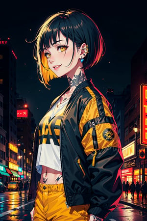 Best quality, masterpiece, 1girl, short blunt bob hair, yellow eyes, tattoos, yellow pants,yellow_shirt, upper body, ear piercings, black bomber jacket, profile picture, smiling,city night background,neon sign,outfit-km