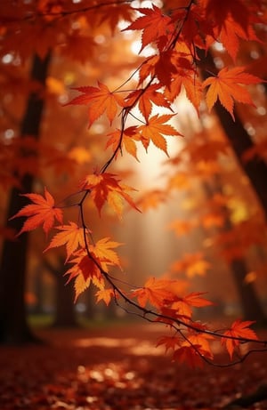 In autumn, orange and red maple leaves form a beautiful picture, subtle and charming light and shadow effects, a dream-like scene, infinite possibilities in the digital world, ultra-realistic, ultra-clear, complex details, ultra-wide-angle lens 16k,1girl