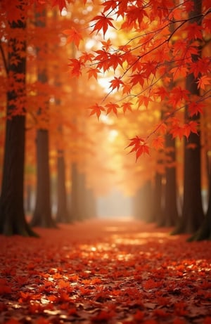 In autumn, orange and red maple leaves form a beautiful picture, subtle and charming light and shadow effects, a dream-like scene, infinite possibilities in the digital world, ultra-realistic, ultra-clear, complex details, ultra-wide-angle lens 16k,1girl