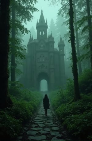 (Masterpiece), highest quality, 8k, HD,1girl, fantasy, green jungle, thick fog, mystery, lush green, gloomy, old castle architecture,