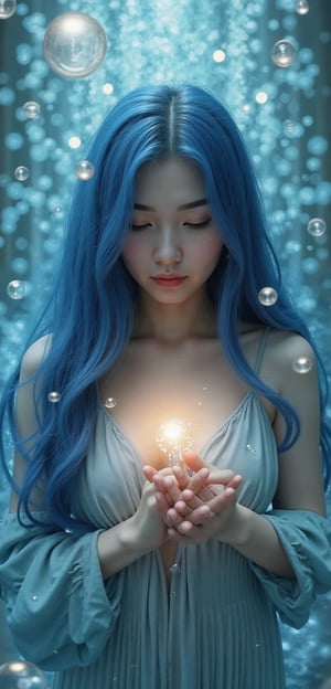 A serene and ethereal female figure with flowing blue hair that merges with the surrounding environment. She has closed her eyes and holds a delicate glowing object near her heart. The background is filled with bubbles, some of which are translucent and others shiny, giving an impression of underwater depth. The color palette is dominated by soft blues, whites, and hints of gold, creating a dreamy and magical atmosphere.burlesque,shabby chic,,fine art,epic,Boho gypsy, marquise,duchesse,dark fantasy,