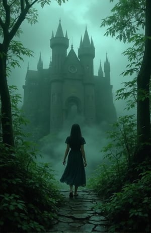 (Masterpiece), highest quality, 8k, HD,1girl, fantasy, green jungle, thick fog, mystery, lush green, gloomy, old castle architecture,