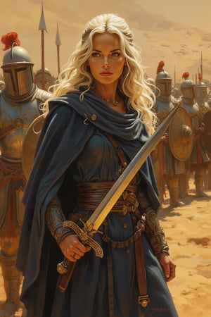 RetroSci style. A woman with long, platinum blonde hair styled in loose, wavy curls. She is wearing a dark blue, draped cloak with a texture that appears to be made of heavy fabric, possibly wool or leather. The woman is holding a long, ornate, golden-handled sword in her right hand, indicating she is a warrior. Her expression is serious and focused, with her gaze directed slightly to the right. In the background, there is a row of armored soldiers wearing helmets and breastplates, all facing forward, suggesting a battle scene. The helmets are metallic and feature visors, while the breastplates are also metallic and have a dull, reflective finish. The soldiers are standing in a formation, with their shields and spears arranged in an orderly manner, indicating military precision. The setting appears to be an ancient, possibly medieval, battlefield, with a sandy, arid terrain visible in the background, suggesting a hot, dry climate. The overall color palette is dominated by earthy tones, with metallic reflections from the armor and the sunlight casting a warm glow over the scene. The image captures a moment of intense focus and readiness, evoking a sense of epic drama and historical grandeur.