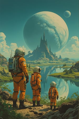 RetroSci style. A family of colonists have arrived at an alien planet. They are standing outside their spacecraft in astronaut suits, admiring the epic alien landscape with its strange plants and lakes.