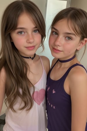 1girl,  13 year old girl, heart-shaped pupils,  fingernails,  dark hair,  purple eyes,  (blush:1.1),  choker,  upper body,  trembling,  sweat,  sweatdrop,  heart,   love,  sleeveless t-shirt,  happy,  smile,  lace,  bokeh,  (freckles:0.8),  natural skin texture,  portrait, realistic, enhanc3d