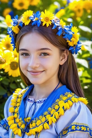 maisie girl, 16 year old, Beautiful, brown hair, smiling, on her head a wreath of blue-yellow flowers, (dressed in Ukrainian folk traditional costume of blue-yellow color), sunny day, botanical garden, realistic