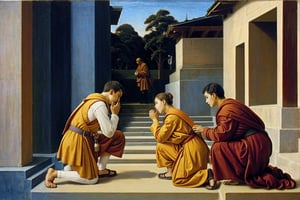 oil painting, 1girl, 18 year old, kneeling, 1boy, monk, blessing, stairs, statue, temple