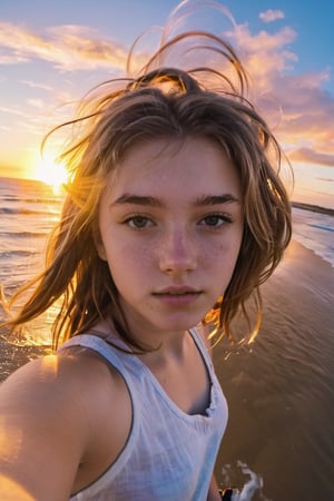 maisie girl, 18 year old, takes a fisheye selfie on a beach at sunset, the wind blowing through her messy hair. The sea stretches out behind her, creating a stunning aesthetic and atmosphere with a rating of 1.2