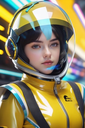 maisie girlm thunder yellow jacket, tight suit,Space helm of the 1960s,and the anime series G Force of the 1980s,Darf Punk wlop glossy skin, ultrarealistic sweet girl, space helm 60s, holographic, holographic texture, the style of wlop, space,