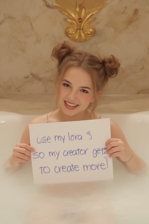 Professional photo, br1tn3y girl, twin buns, smile showing teeth, head tilt, sitting in a big jacuzzi holding a sign saying "use my lora so my creator gets credits to create more". Background is a luxury bathroom in a mansion with marble and gold detailing. sensual atmosphere.