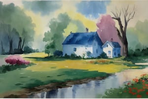 wat3rc0l0r, Masterpiece, wc_wet-on-wet, wc_negative_painting, small house in the countryside, a tree is giving the house shade, bushes, flowers, a little river, background wc_soft_washes in blue and green, composition follows the golden ratio