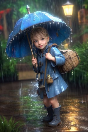 Hyper-detailed, Jean-Baptiste Monge style, maisie girl, 12 year old, in the rain under an umbrella, splash, glittering, cute and adorable, filigree, lights, fluffy, magic, surreal, fantasy, digital art, ultra hd, hyper-realistic illustration, vivid colors, UHD, cinematic perfect light,greg rutkowski