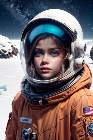 close up photography, 13 year old female astronaut with cyan clothes, holding broken helmet, orange exploration vehicle  in the background on ice planet landscape, sunny, dramatic lighting, film , muted color palette, imax, color grading,Interstellar,scand1nav1an