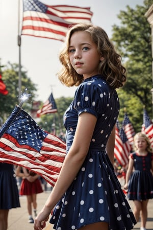 The scene is set on the Fourth of July, in a small American town square, adorned with red, white, and blue bunting. The sun is high, casting a bright light over the festivities.
In the center of the square, am3r1can girl, 14 year old, blonde hair, standing,  her back straight with pride. She’s dressed in a vintage-inspired blue dress with white polka dots, reminiscent of the 1940s. Her hands rest on her hips, and her chin is lifted slightly, conveying a sense of unwavering confidence and patriotism. Her eyes are fixed on a distant flagpole where the Stars and Stripes ripple in the breeze. Around her, children run with sparklers, their laughter mingling with the sounds of a parade in the distance. The girl’s expression is one of deep love and commitment to her country, a silent vow to uphold its values and honor its history. leonardo 