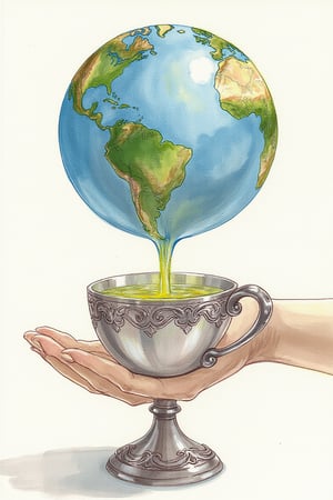 surreal art, watercolor. The earth is turning into a liquid and filling up a decorated silver cup. The cup is held gently by two hands. Reflections and shadows.