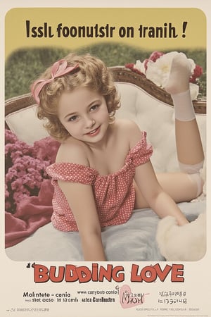 1940s movie poster. A 13 year old girl, blonde hair in curls. Wearing a 1940s polka dot off-shoulders dress and stockings. She is smiling seductively and leaning towards the viewer with a head tilt. The movie is called "Budding Love", starring Cary Grant and the girl whose name is Candy Love. The title of the movie is on top and the stars are named under the girl. Hasselblad 503CW with black and white film, low exposure, high contrast, ISO 400 (pushed to 1600), with a 50mm prime lens.