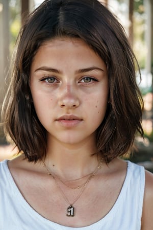 White drapes in background, enhanc3d, 13 year old girl, short dark hair, brown eyes, upper body portrait, super detailed face, realistic eyes, round snake eating itself necklace, black low cut top, 8k uhd, dslr, soft light, high quality, (((E11))),realistic