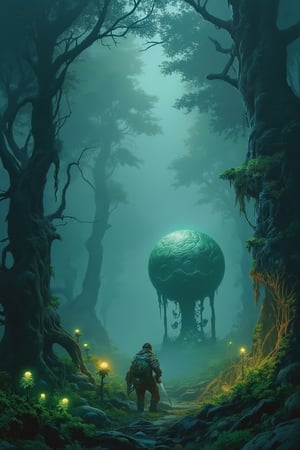 RetroSci style. A mystical forest, filled with towering trees and strange, glowing plants, is shrouded in a thick fog. A lone traveler, armed with a sword and shield, cautiously ventures deeper into the unknown.