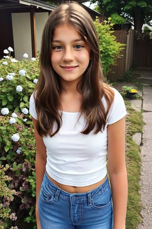 A 13 year old girl with  long brown hair is posing for a photo outdoors. She is wearing a white top and a jeans. Budding chest. She is looking at the viewer. She has an awkward smile.