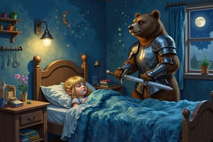 An evolyzed painting featuring a child's bedroom at night. It is illuminated by a nightlight and the stars and moon outside the window. A little blonde girl is sleeping. A bear with a determined expression is standing on the bed, wearing armor and wielding a sword. The bear is protecting the girl and keeping her safe.