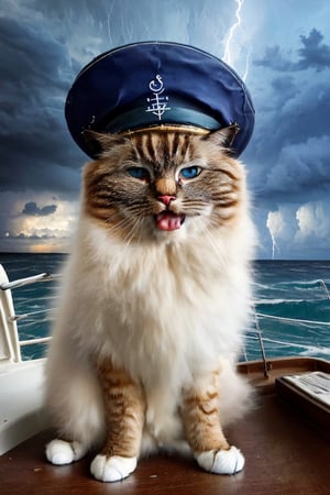 on sailing boat, male, birman cat wearing old style  captains hat, crying with eyes open, open mouth, no humans), ocean, beach, storm, dramatic lighting, thunder, dark clouds