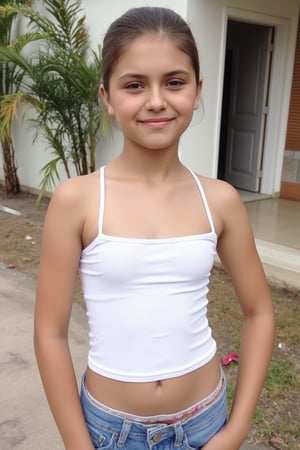 A 13 year old girl with short hair is posing for a photo outdoors. She is wearing a white top and a jeans. Budding chest. She is looking at the viewer. She has an awkward smile.