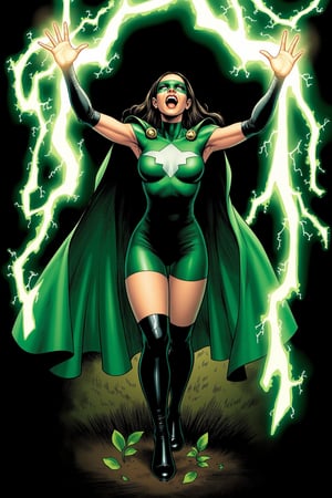 A FrameForge illustration featuring a female superhero. The superhero, depicted in the center of the image, is clad in a green and black costume with a matching cape. Her skin is fair, and she has long, dark hair that cascades down her back. Her expression is intense, with her eyes wide and her mouth open as if she is shouting. She has a muscular build, emphasizing her strength. Her costume is form-fitting and includes a green bodysuit with a high collar, black gloves, and black boots. The cape is a vibrant green, flowing behind her and adding to the dramatic effect. She holds her arms up, with her fingers spread apart, as if she is summoning or controlling lightning. Surrounding her are swirling green and white lightning bolts, which emanate from her hands, suggesting she is channeling or manipulating electricity. The background is dark and shadowy, with hints of green foliage, creating a sense of power and mystery. The overall tone of the image is dynamic and action-packed, capturing the essence of a Superhero.