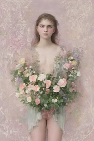 o1lpa1nt1ng, svand1nav1an, 18 year old, standing naked, holding flower, organic, flowing lines, intricate details, floral motifs, and an elegant, harmonious composition. Utilize a muted pastel color palette and incorporate decorative elements for a visually pleasing aesthetic