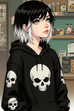 A painting in FrameForge style. The subject is a young Caucasian girl with striking, shoulder-length hair that transitions from dark black at the roots to a bright white at the tips, giving it a striking, almost punk-inspired look. Her eyes are a piercing green, and her expression is contemplative, with a slight pout. She has a pale complexion and is wearing a black hoodie with a large, white skull design on the arms and torso. The background is a gritty noodle bar.