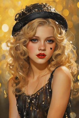 A Wcol style vibrant illustration featuring a young girl in a dramatic, theatrical pose. She is wearing a black, sparkly round hat adorned with sequins, which sits atop her voluminous, curly blonde hair. Her makeup is bold and striking, with heavy black eyeliner, mascara, and dark red lipstick, giving her a sultry, almost vampiric appearance. She has a black beauty mark in the shape of a heart on her left cheek, adding to the dramatic effect. Her expression is one of intense focus or surprise, with her mouth slightly open and her eyes wide. The background is a blurred, warm yellow, suggesting a stage setting with soft, out-of-focus bokeh lights in the background, creating a sense of depth and a slightly dreamy atmosphere. The lighting highlights her features and the textures of her hair and hat, making them stand out prominently. The overall style of the image is reminiscent of vintage glamour, possibly influenced by 1920s or 1930s Hollywood aesthetics. The girl’s outfit and accessories, along with the dramatic makeup and lighting, contribute to a striking and memorable visual.