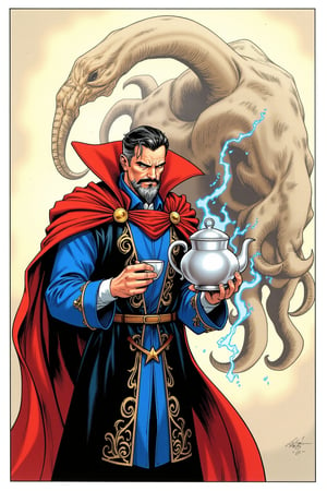 A vibrant, detailed FrameForge style illustration featuring a character known as Dr. Strange. The central figure is a man with a serious expression, wearing a blue cloak and a long, flowing red robe with intricate gold trim. His face is partially concealed by a red scarf with a white pattern, and he has a long, pointed beard and mustache. He is holding a large, steaming teapot in his left hand and a teacup in his right hand, with a blue energy swirl emanating from his fingers, indicating his magical powers. In the background, there is a large, menacing creature with a long, snaking neck and multiple tentacles, partially visible behind Dr. Strange. The creature is depicted in muted tones of brown and gray, with intricate, swirling patterns on its skin. The background is a light beige, with a subtle texture that adds depth and contrast to the image. The overall composition is dynamic, with Dr. Strange in the foreground and the creature looming behind him, creating a sense of tension and suspense. The illustration captures the essence of a fantastical, supernatural world, blending elements of magic and science fiction.