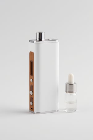 Professional product photo of a vaping device. It is white with wooden accents. There is a grill to cool down the battery compartment. Next to the device is a small glass bottle with vaping liquid. The design follows dieter style. Hasselblad H6D-400c MS, low exposure, high contrast, ISO 100, with a 120mm macro lens, soft studio lighting with controlled highlights, key light from the right with a softbox, fill light from the left, and backlight for subtle rim lighting. Light background,