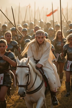 A great battle. Many female early teens in armor and short skirts are fighting a group of orcs. Their blooded swords have killed many orcs. In the middle is a 12 year old girl on a white horse. She has a long white crown and is wearing a long white robe. The sun rays are illuminating her long blonde hair.