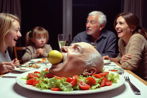 surreal art, hyper realistic photo. a perfectly normal and ordinary Sunday family dinner, children, parents and grandparents. People are enjoying themselves and are happy. On the table the severed head of grandpa with an apple in his mouth. His head is lying on a big plate surrounded by salad and vegetables. Composition follows the golden ratio. Hasselblad 503CW with infrared film, low exposure, high contrast, ISO 400 (pushed to 800), with a 150mm telephoto lens.