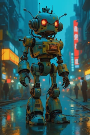 RetroSci style. A clunky, metallic robot with glowing red eyes and outdated technology, standing in a futuristic cityscape bathed in neon lights. The robot is painted in a color scheme of silver, blue, and yellow, and has a clunky, mechanical design.