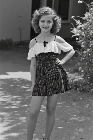 1940s movie poster. A 13 year old girl, hair in curls. Wearing a 1940s polka dot off-shoulders dress and stockings. She is smiling seductively. The movie is called "Budding Love", starring Cary Grant and the girl whose name is Candy Love. Hasselblad 503CW with black and white film, low exposure, high contrast, ISO 400 (pushed to 1600), with a 50mm prime lens.