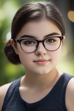 al3x girl, 16 years old, face focus, professional portrait, chubby, black glasses, dark brown hair, detailed face, facial expression, kind, soft eyes, head tilt, smile, realistic skin texture, facing viewer, low cut sleeveless top, midriff, natural light, shallow depth of field, bokeh,mhighly detailed, realistic