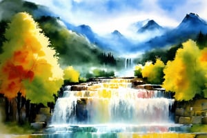 wat3rc0l0r, wc_soft_washes, wc_wet-on-wet, wc_abstract, scenery, mountains, buildings, waterfall, trees, colorful, composition follows the golden ratio