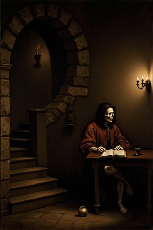 Oil painting. A dimly lit room in a basement, stone walls. A curved stone staircase the only entrance. By an old wooden table sits a figure dressed in a robe with the hood up. We see that it is a skeleton by the grinning skull illuminated by torched on the walls. There is an open old book on the table. 17th century. Thick, expressive, and textured brushstrokes often using impasto in focal points. The composition is centralized, with a focus on dramatic lighting using chiaroscuro. Arrangements lead the eye toward the most illuminated figures or objects. The palette is muted earth tones, heavy on browns, ochres, and deep reds, contrasted with strong light and shadow.