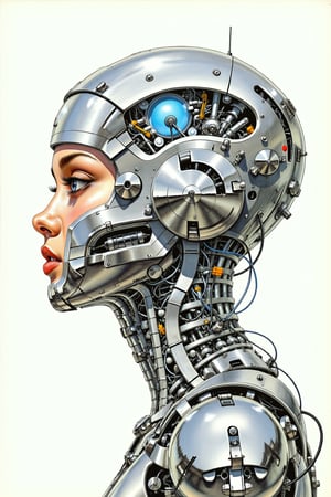 RetroSci style. A highly detailed illustration. It features a close-up profile view of a woman's face and upper neck, rendered in a sleek, metallic, and futuristic aesthetic. The woman's head and neck are encased in a silver, high-tech exoskeleton, resembling a futuristic helmet or robotic armor. The helmet is adorned with intricate, glowing blue circuitry and various mechanical components, giving it a cybernetic appearance.